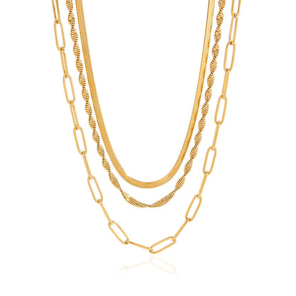 18K Gold Quiet Luxe Paper Clip Herringbone Snake Chain Layered Necklace Set