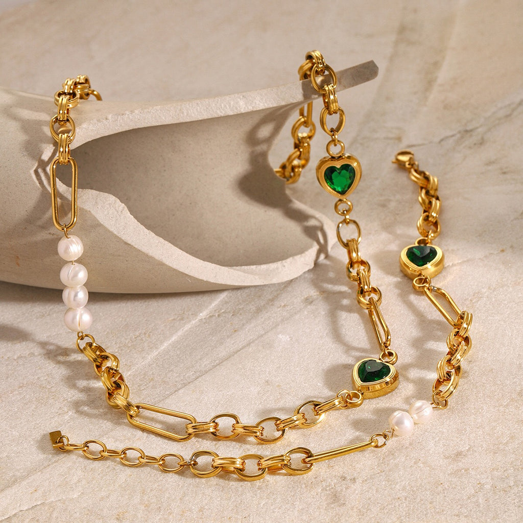 18K Gold Emerald Heart Pearl Beads Chunky Chain Necklace