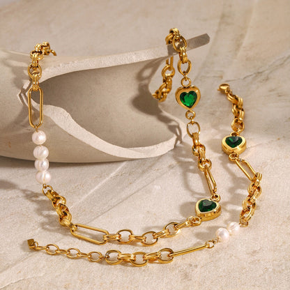 18K Gold Emerald Heart Pearl Beads Chunky Chain Bracelet