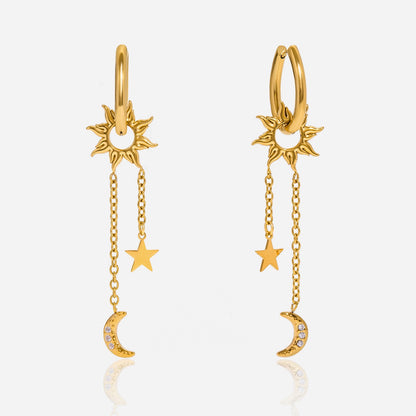 18K Gold Celestial Sun Moon and Star Drop Dangle Huggie Earrings