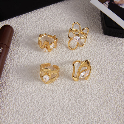 18K Gold Daily Glam Flower Heart CZ Statement Rings Set