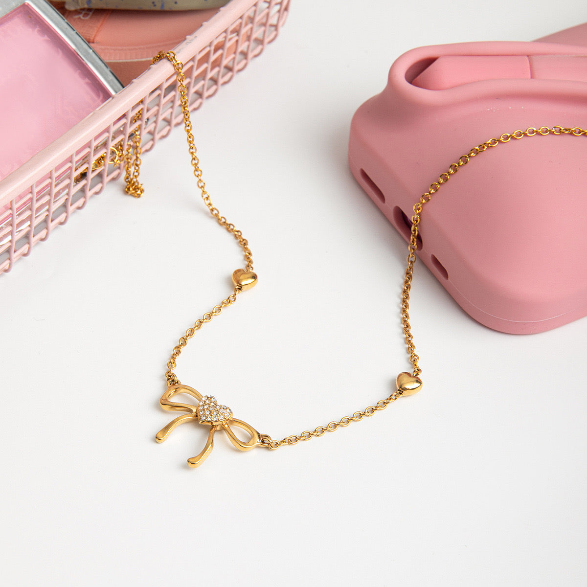 18K Gold Angelic Butterfly Wing Bling Bow Pendant Necklace