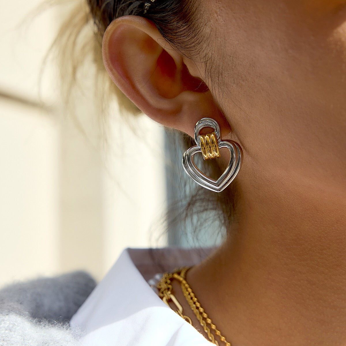 18K Gold Abstract Love Geometric Heart Statement Stud Earrings