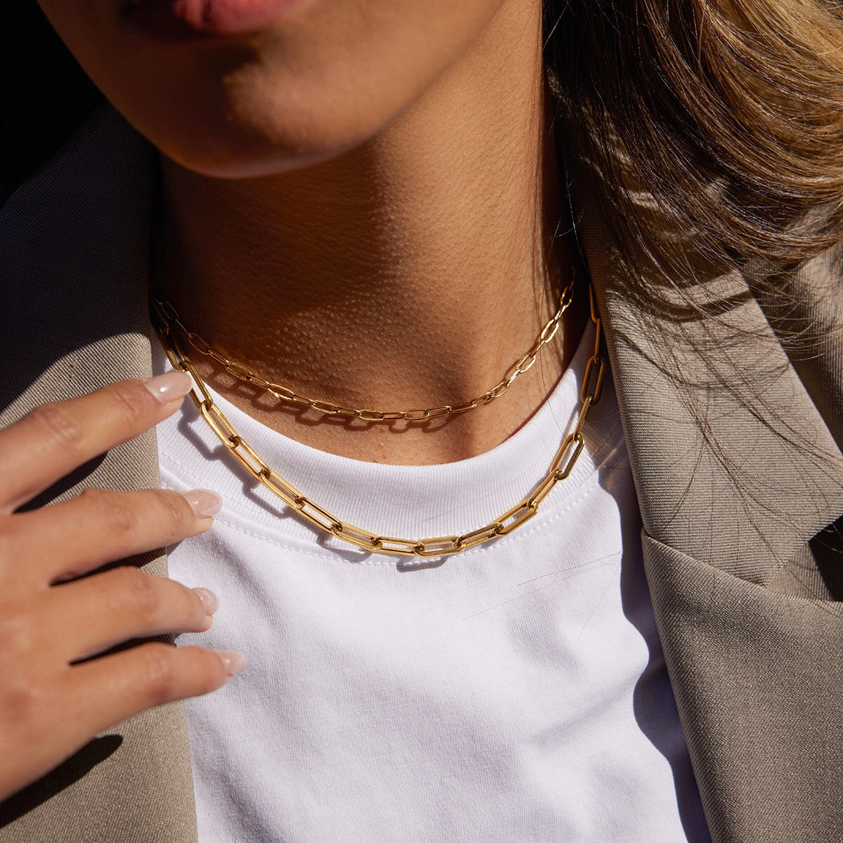 18K Gold Modern Edge Paper Clip Double Chain Layered Necklace Set