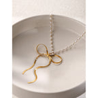 18K Gold Ribbon Bow Pearl Chain Pendant Necklace