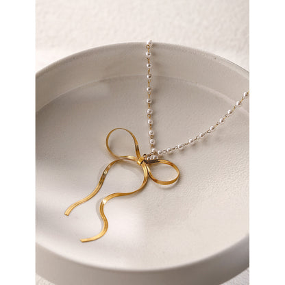 18K Gold Ribbon Bow Pearl Chain Pendant Necklace