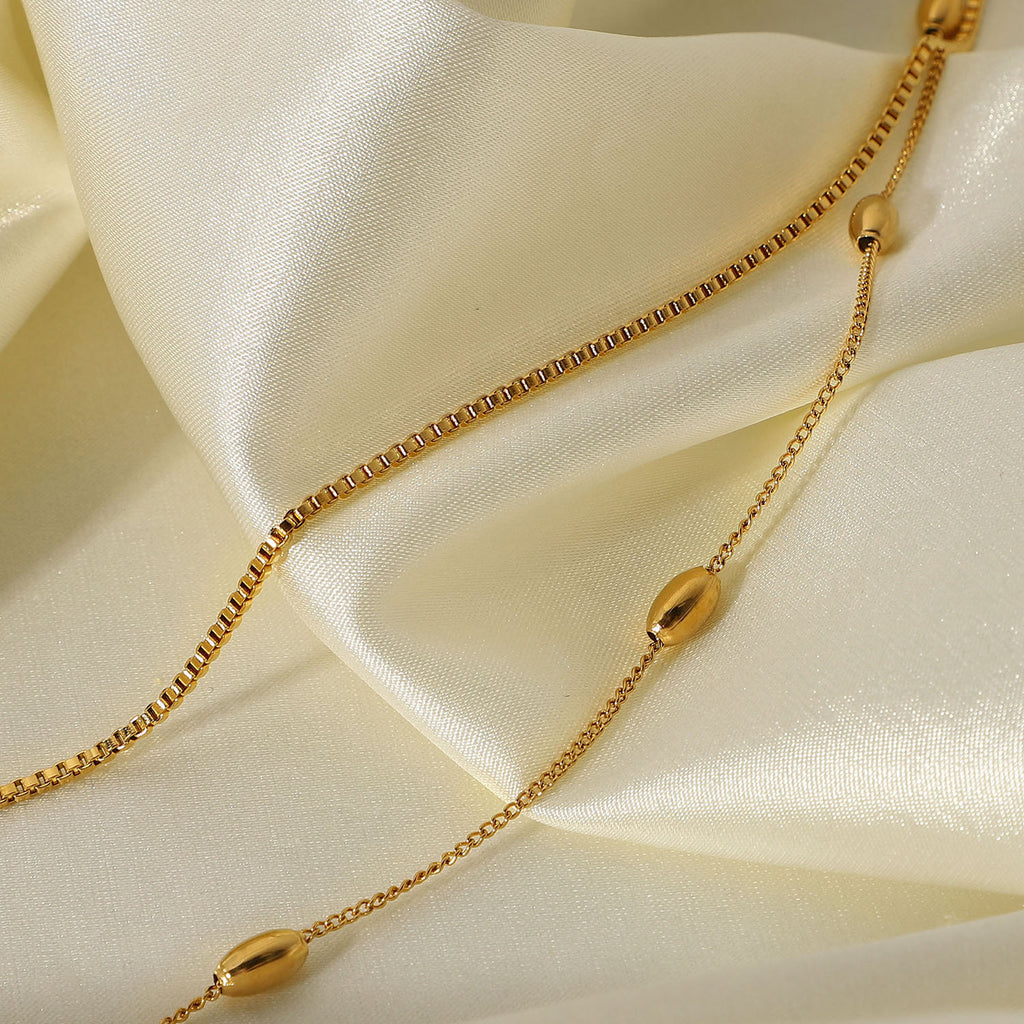18K Gold Box Chain Beaded Layered Necklace Set