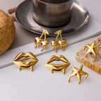18K Gold Golden Drip Cherry Lips Star Statement Stud Earrings