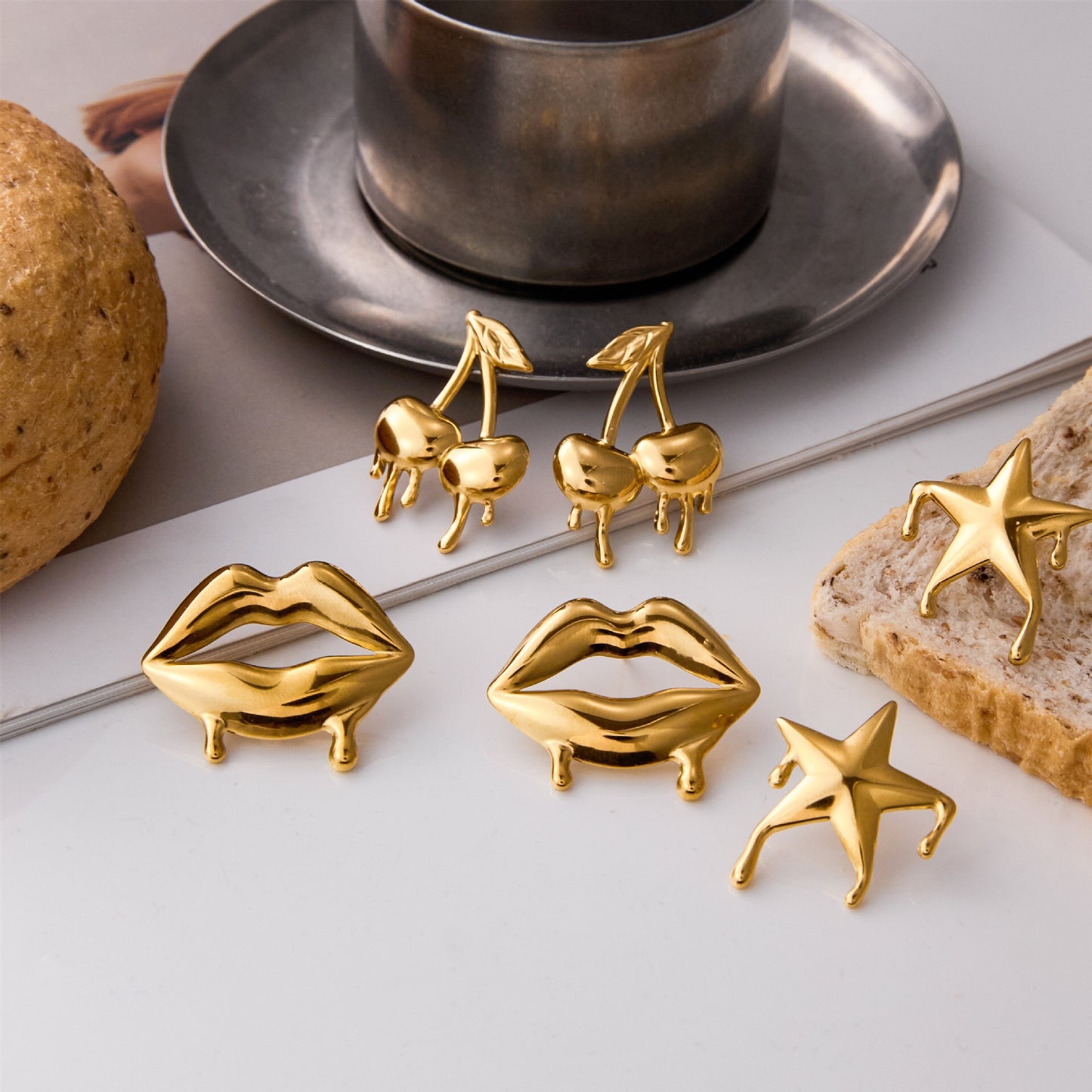 18K Gold Golden Drip Cherry Lips Star Statement Stud Earrings