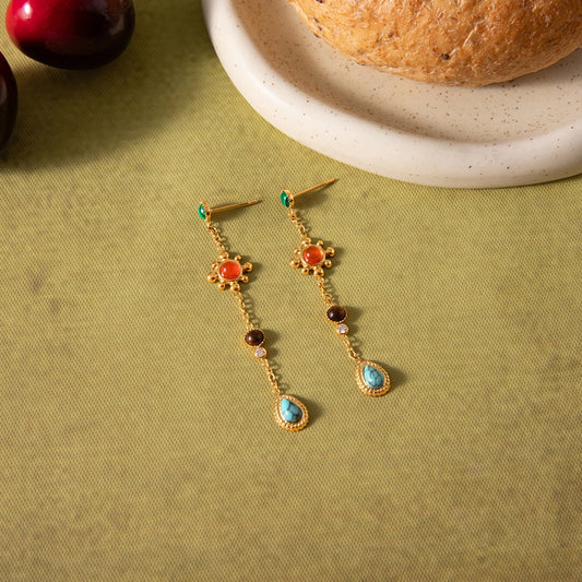 18K Gold Turquoise Gemstone Lure Stud Drop Earrings