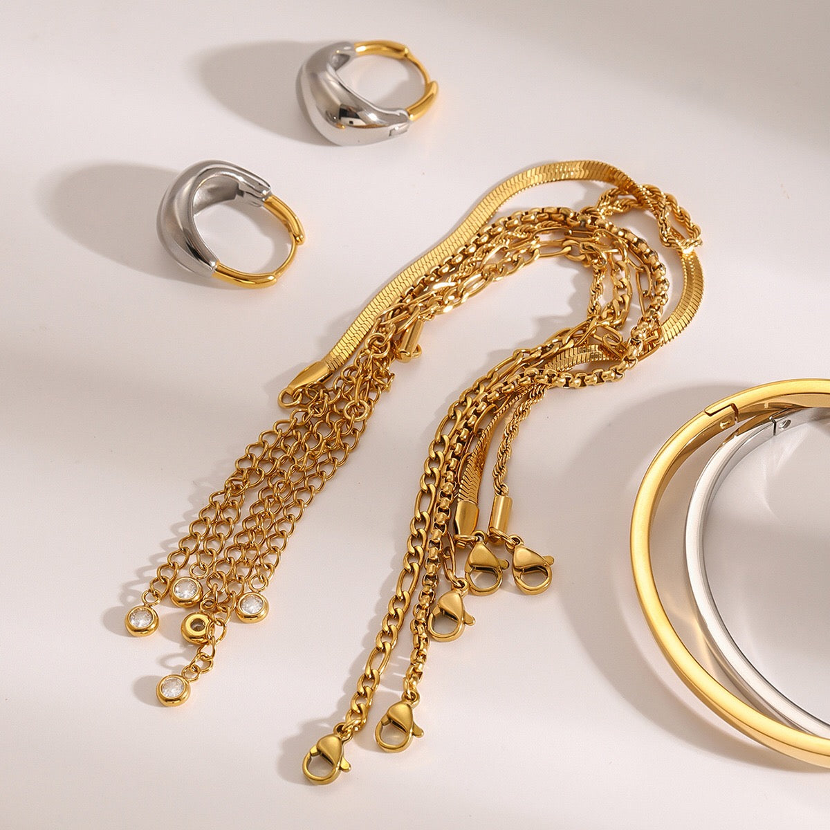 18K Gold Essential Dainty Paperclip Rope Herringbone Snake Chain Bracelet Stacks