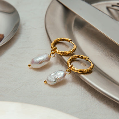 18K Gold Moonlit Elegant Pearl Huggie Earrings Ear Cuffs Studs Set