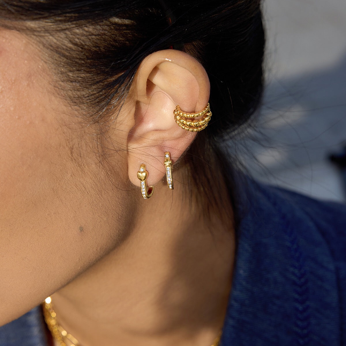 18K Gold Iced Frame Heart Small Rectangle Hoop Huggie Earrings