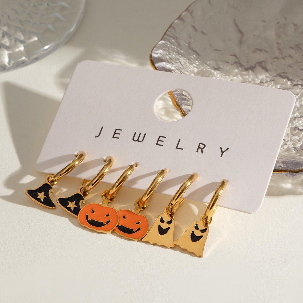 18K Gold Halloween Pumpkin Skull Small Hoop Huggie Earrings with Charm