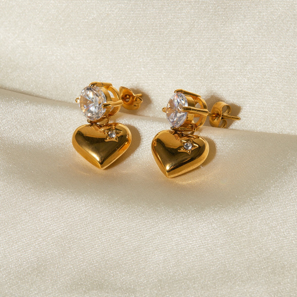 18K Gold Flirting Heart Drop Dangle CZ Earrings
