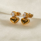 18K Gold Flirting Heart Drop Dangle CZ Earrings