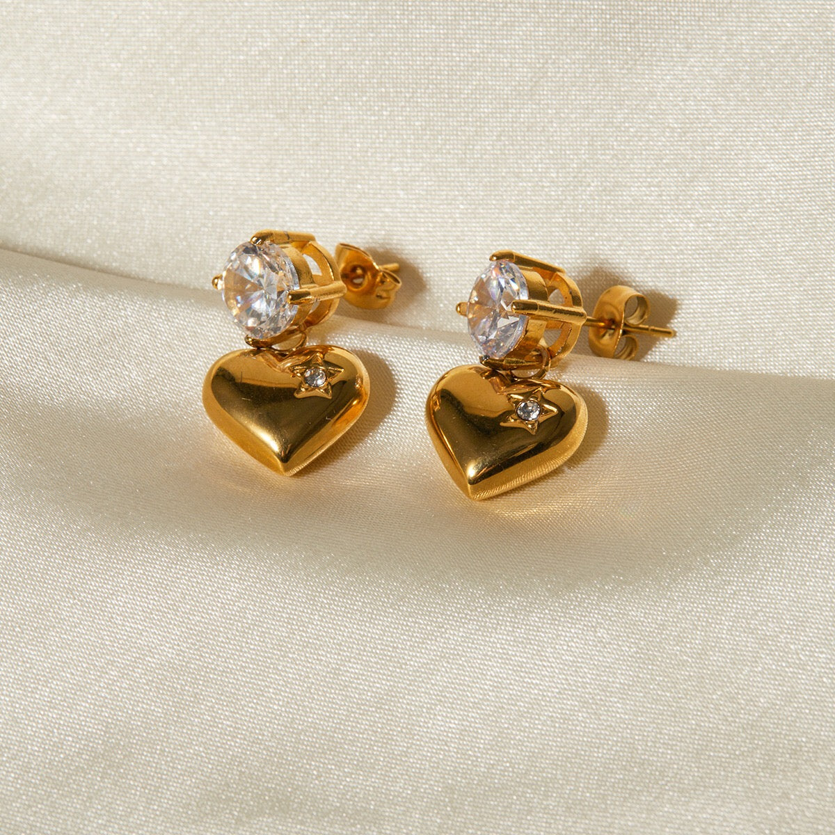18K Gold Flirting Heart Drop Dangle CZ Earrings