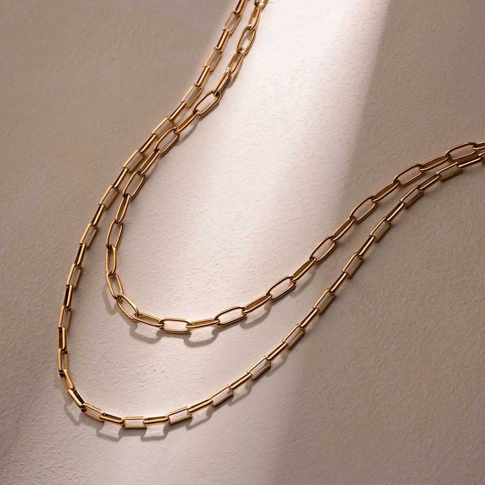 18K Gold Paperclip Double Chain Layered Necklace