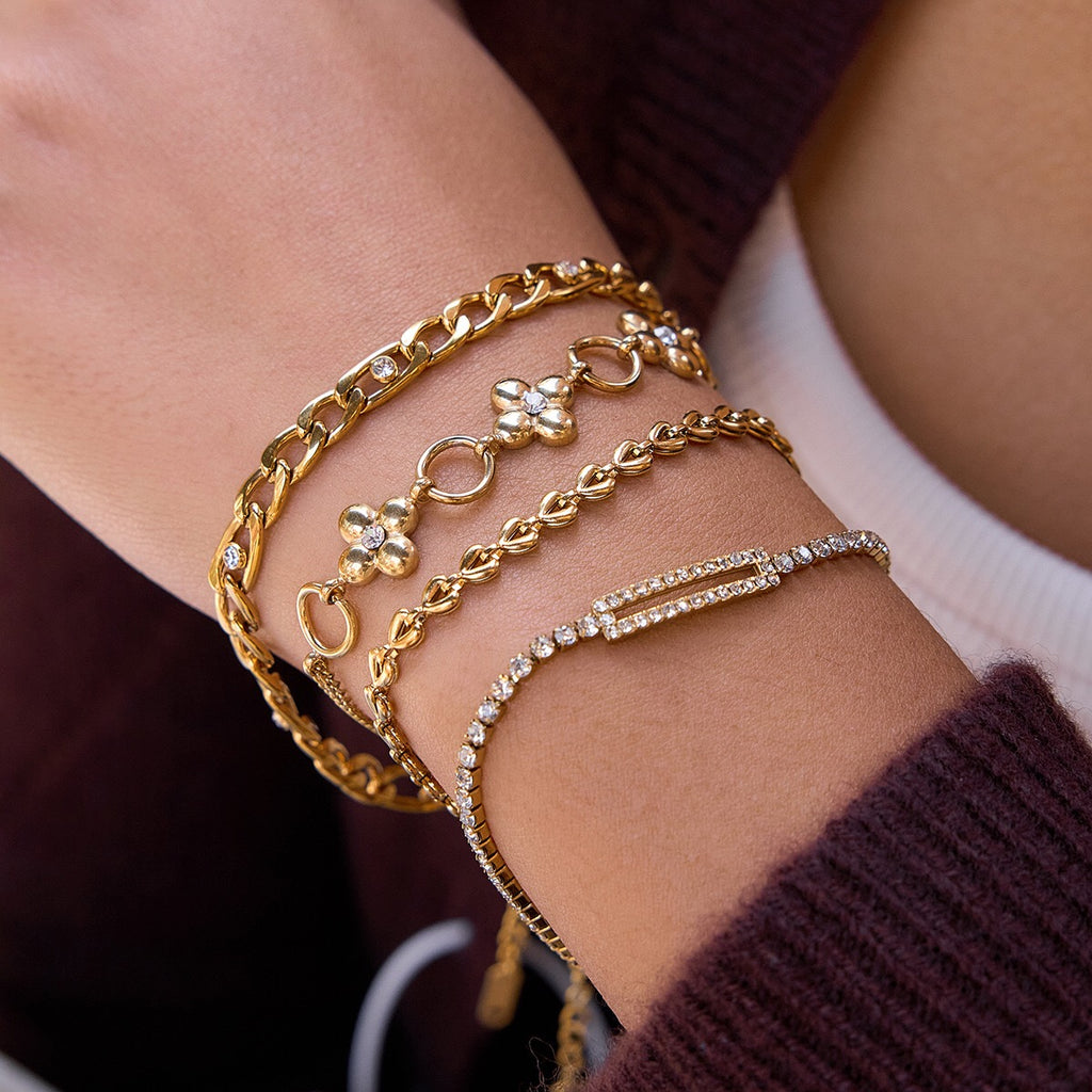 18K Gold Fortune Flower Four Leaf Clover Double Chain Bracelet