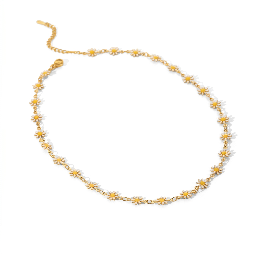 18K Gold White Daisy Flower Chain Bracelet & Necklace Set