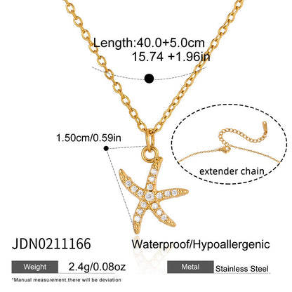 18K Gold Ocean Sparkle Seashell Palm Tree Dainty Pave Pendant Necklace Jewelry Set