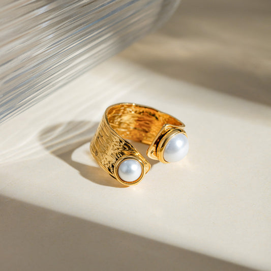 18K Gold Luxury Pearl Statement Cuff Ring