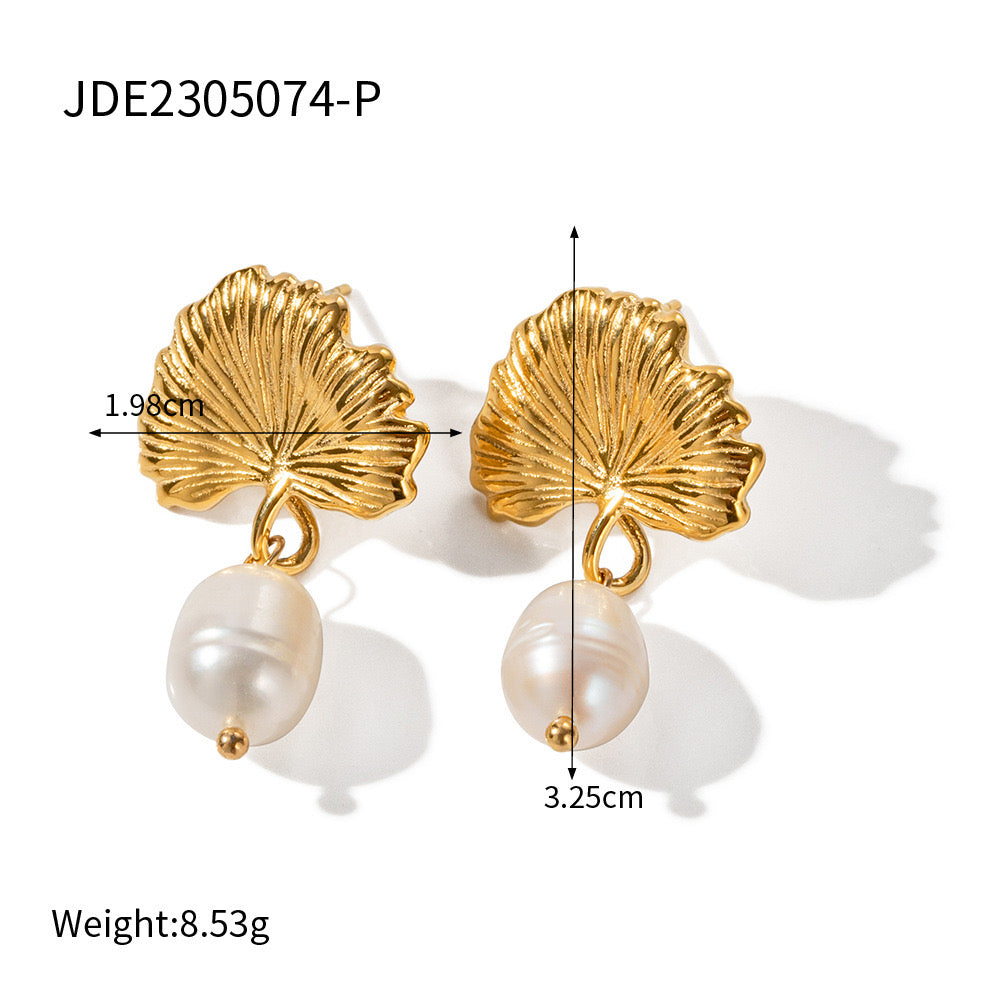 18K Gold Ginkgo Pearl Drop Dangle Stud Earrings