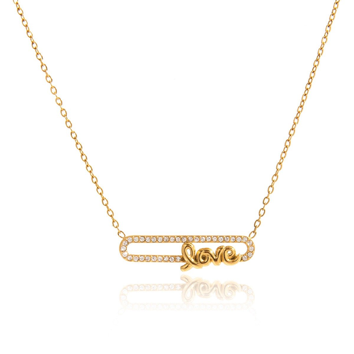 18K Gold Bling Love Letter Pink Jewel Paperclip Chain Layered Necklace Set