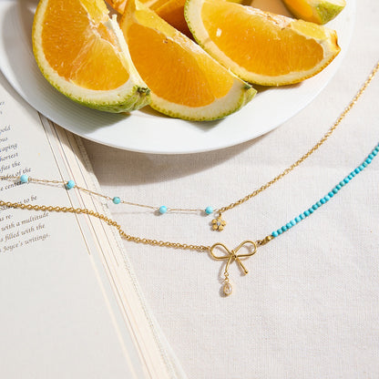 18K Gold Turquoise Beads Bow Pendant Double Chain Layered Necklace Set