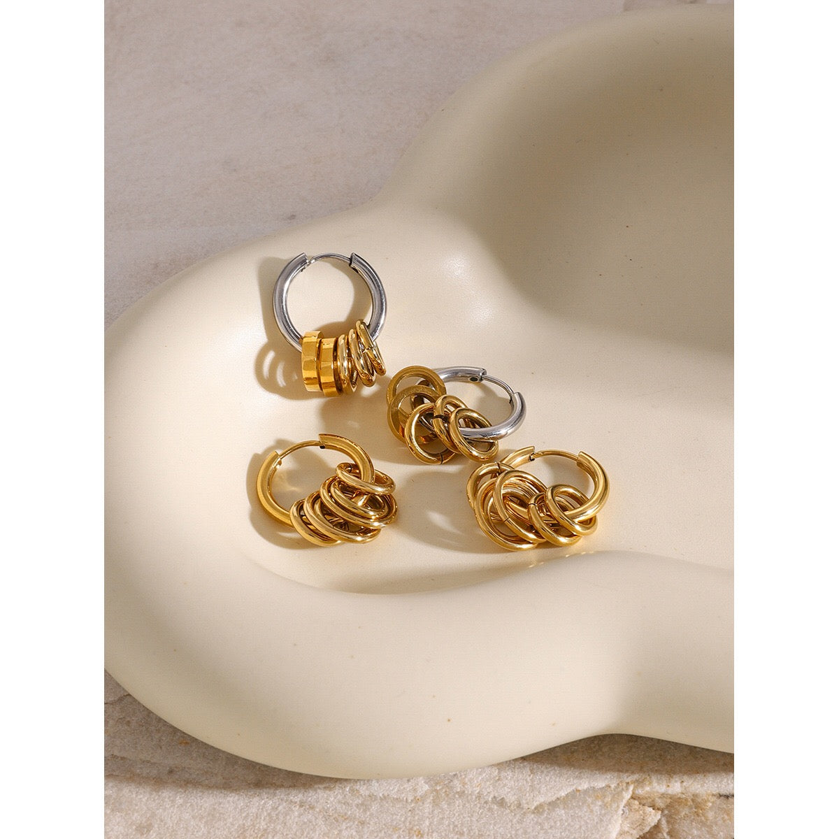 18K Gold and Silver Two Tone Sweet Motion Dangle Hoop Earrings