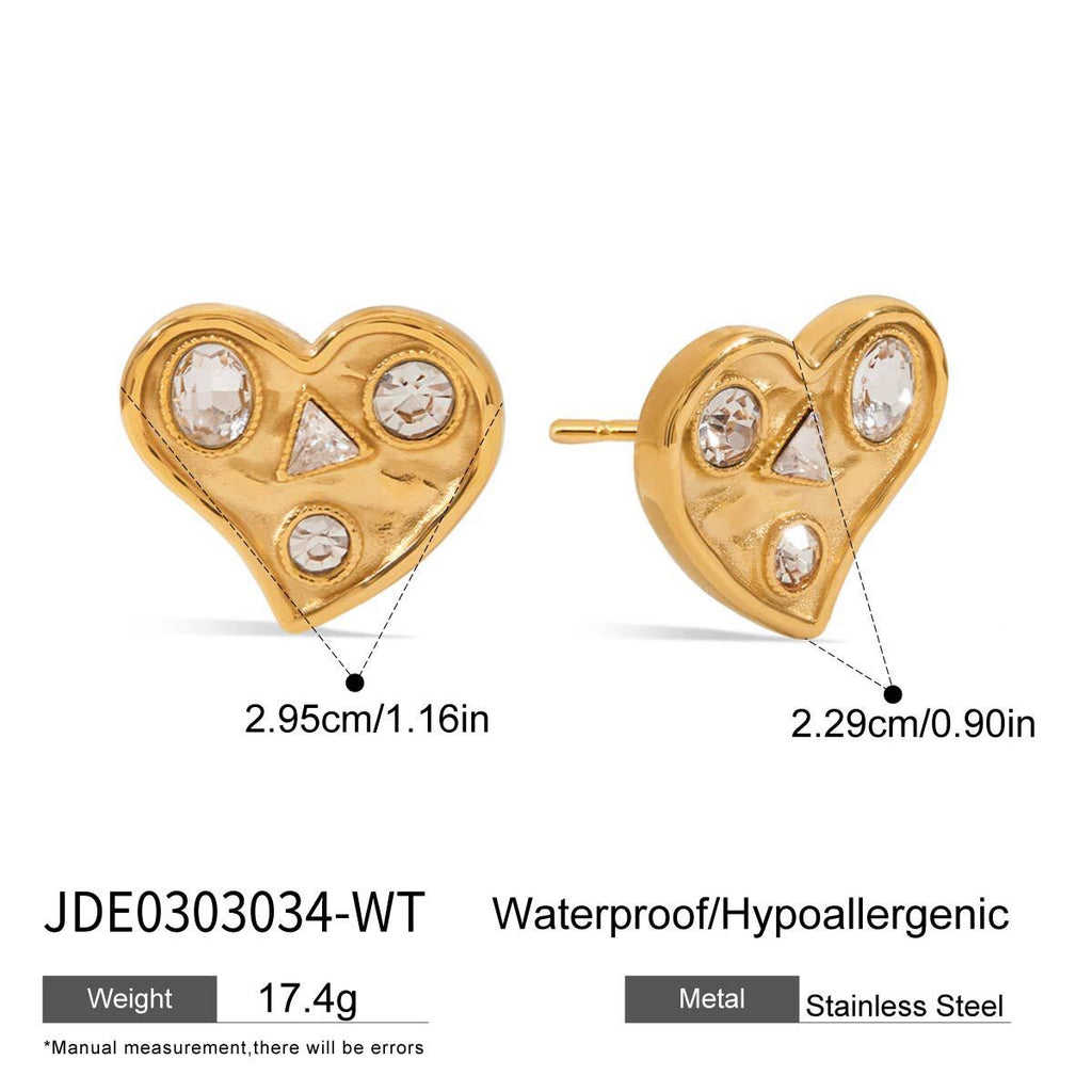 18K Gold Bold Heart CZ Statement Stud Earrings