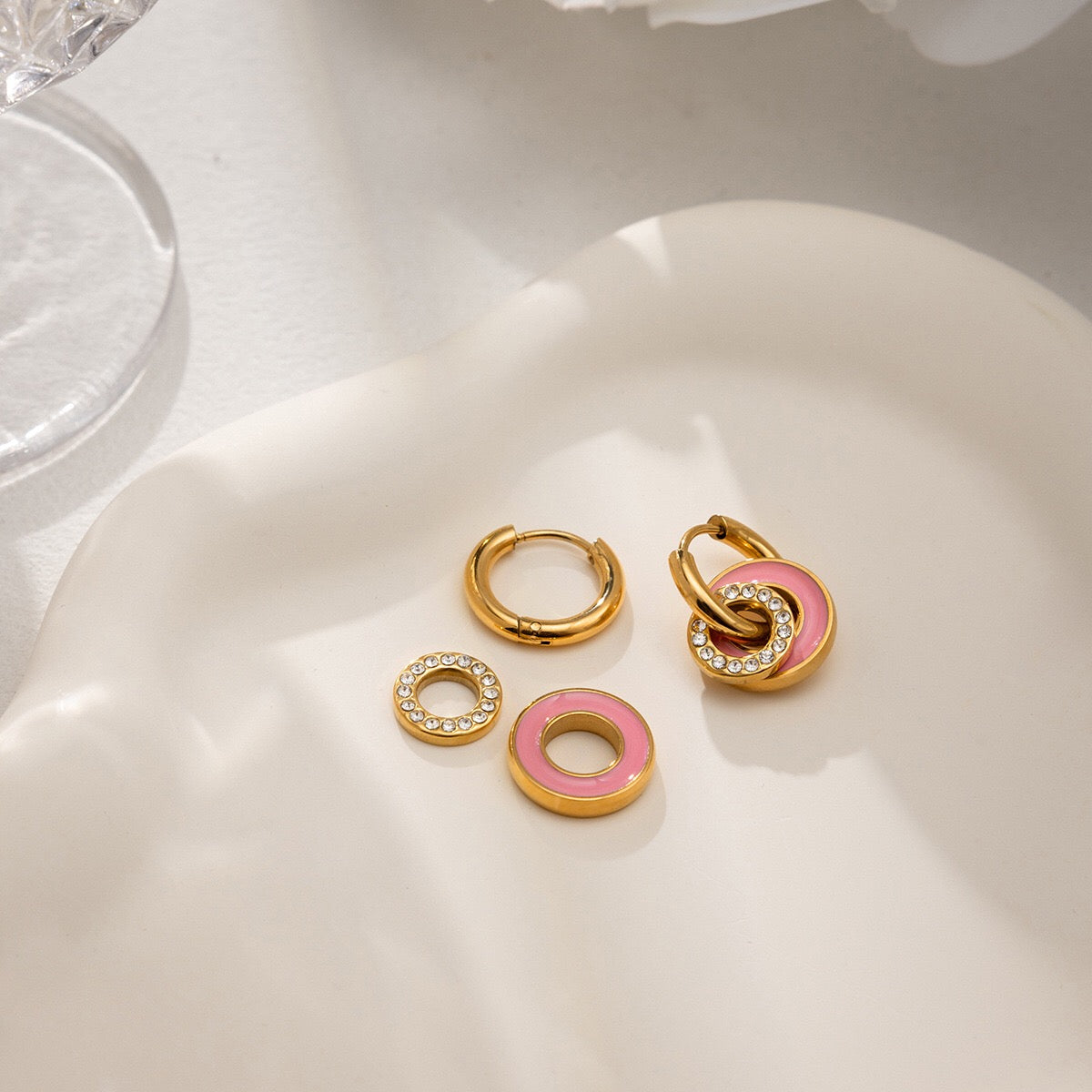 18K Gold Blush Pop Pink Disc Small Hoop Dangle Huggie Earrings