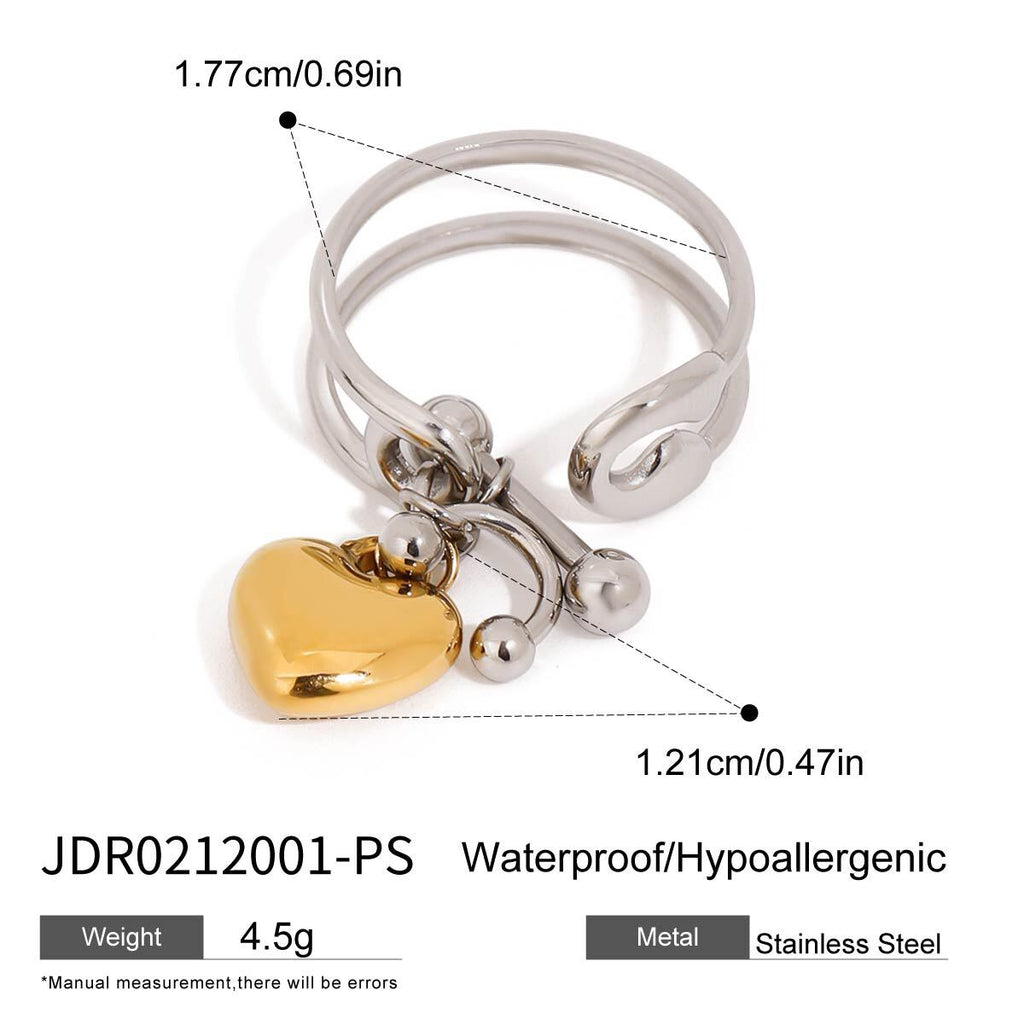 18K Gold and Silver Two Tone Safety Pin Band Heart Charm Ring