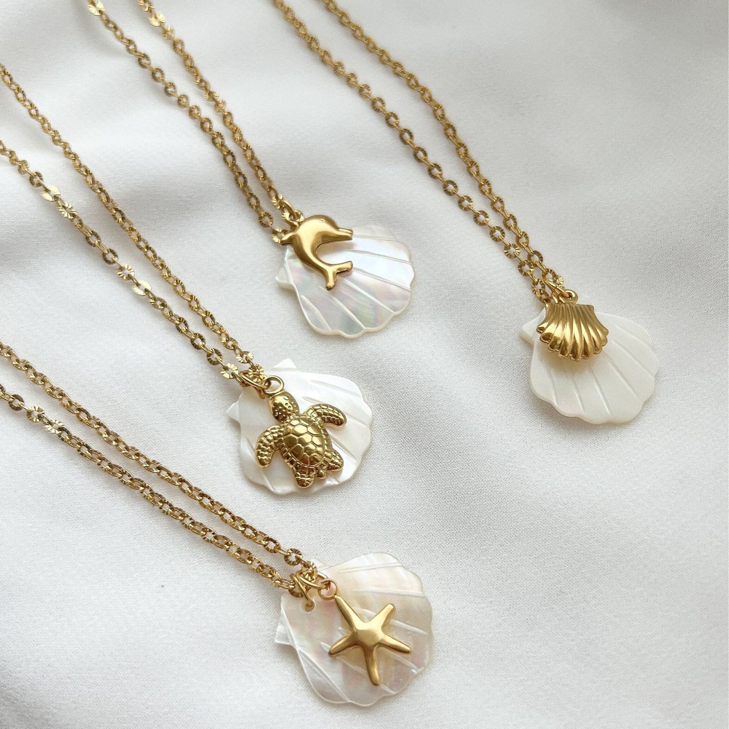 18K Gold Mother of Pearl Seashell Ocean Charm Pendant Necklace
