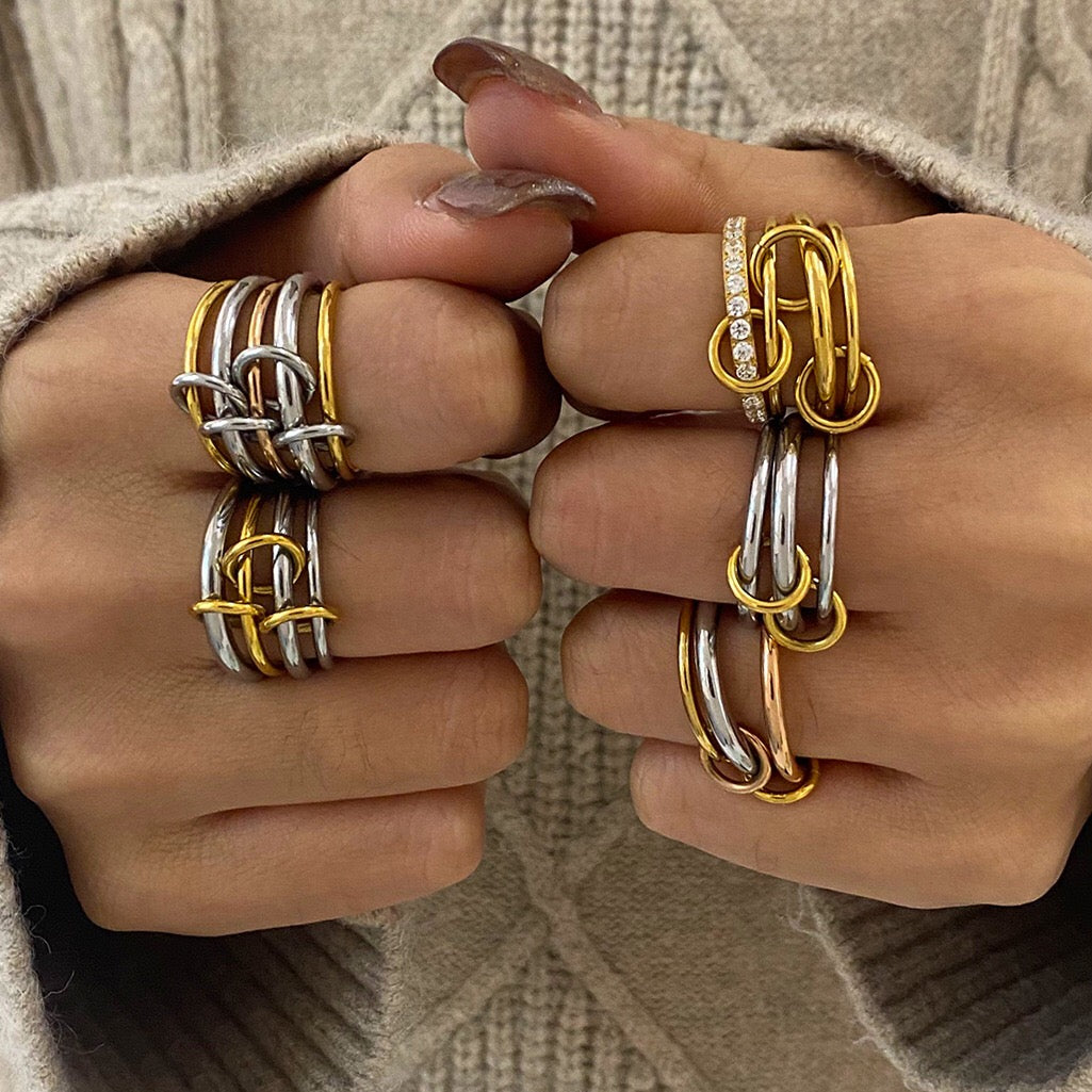 18K Gold and Silver Two Tone Connected Multi Layers Spinelli Stacking Rings