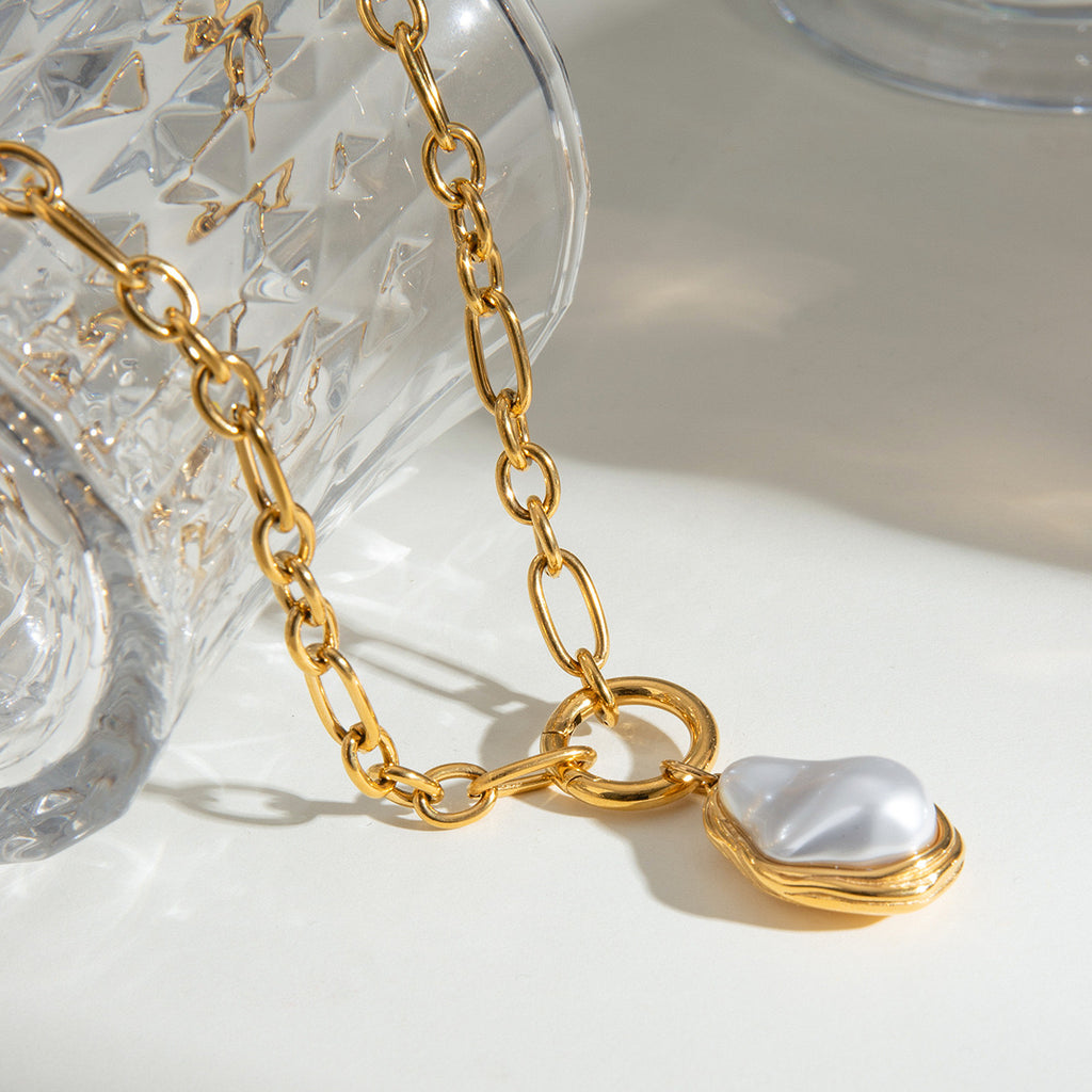 18K Gold Baroque Pearl Paperclip Chain Statement Pendant Necklace