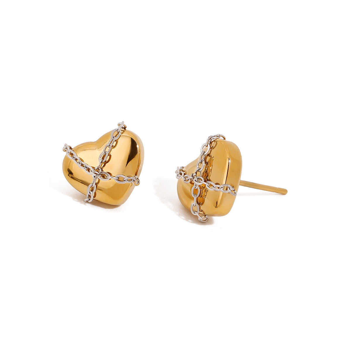 18K Gold Chained Hearts Stud Earrings