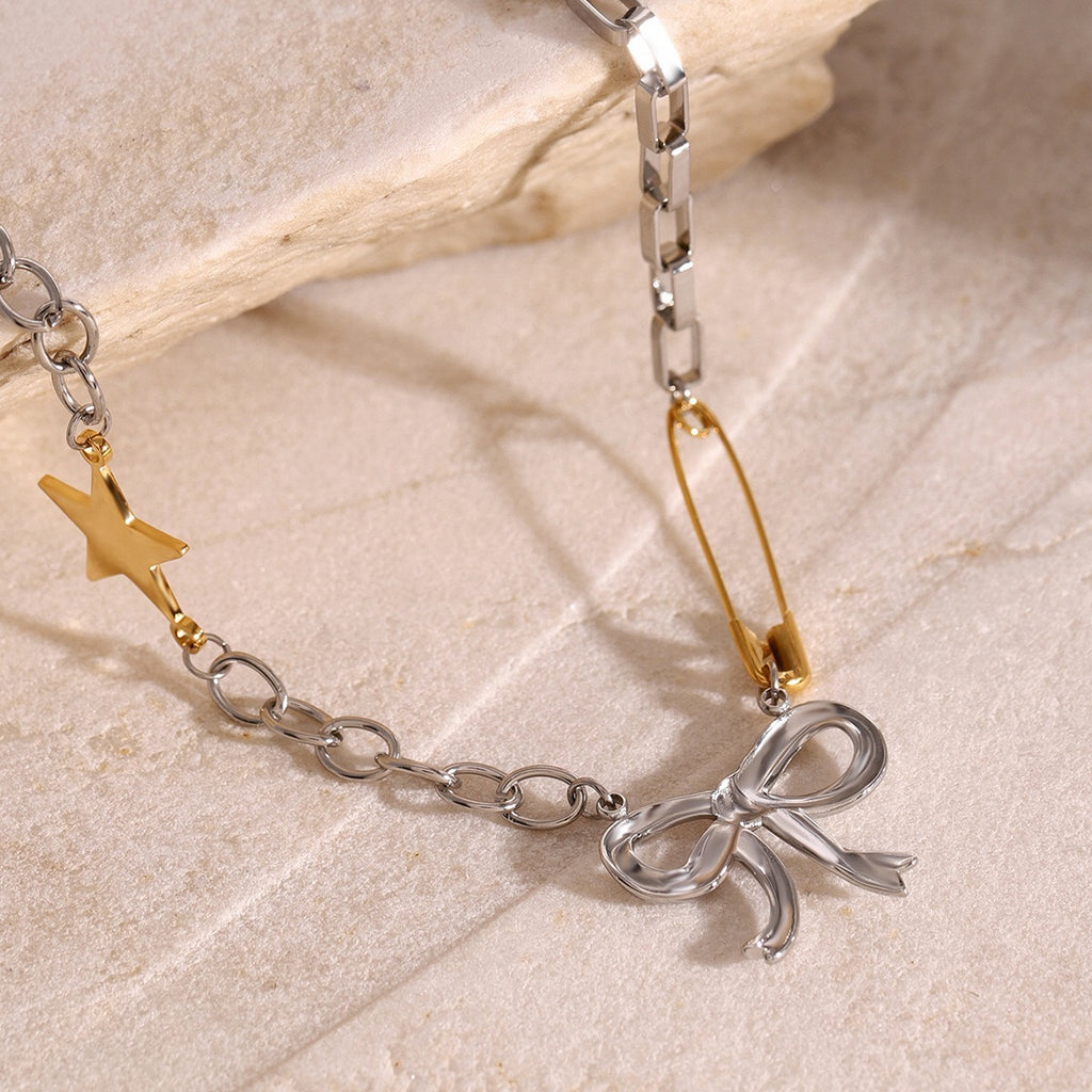 18K Gold and Silver Starry Bow Pendant Pearl Safety Pin Chain Necklace