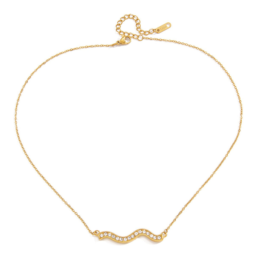 18K Gold Ocean Sway Pave Wave Dainty Pendant Necklace