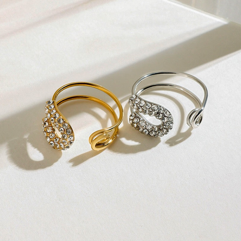 18K Gold Bejeweled Safety Pin Cuff Stacking Ring