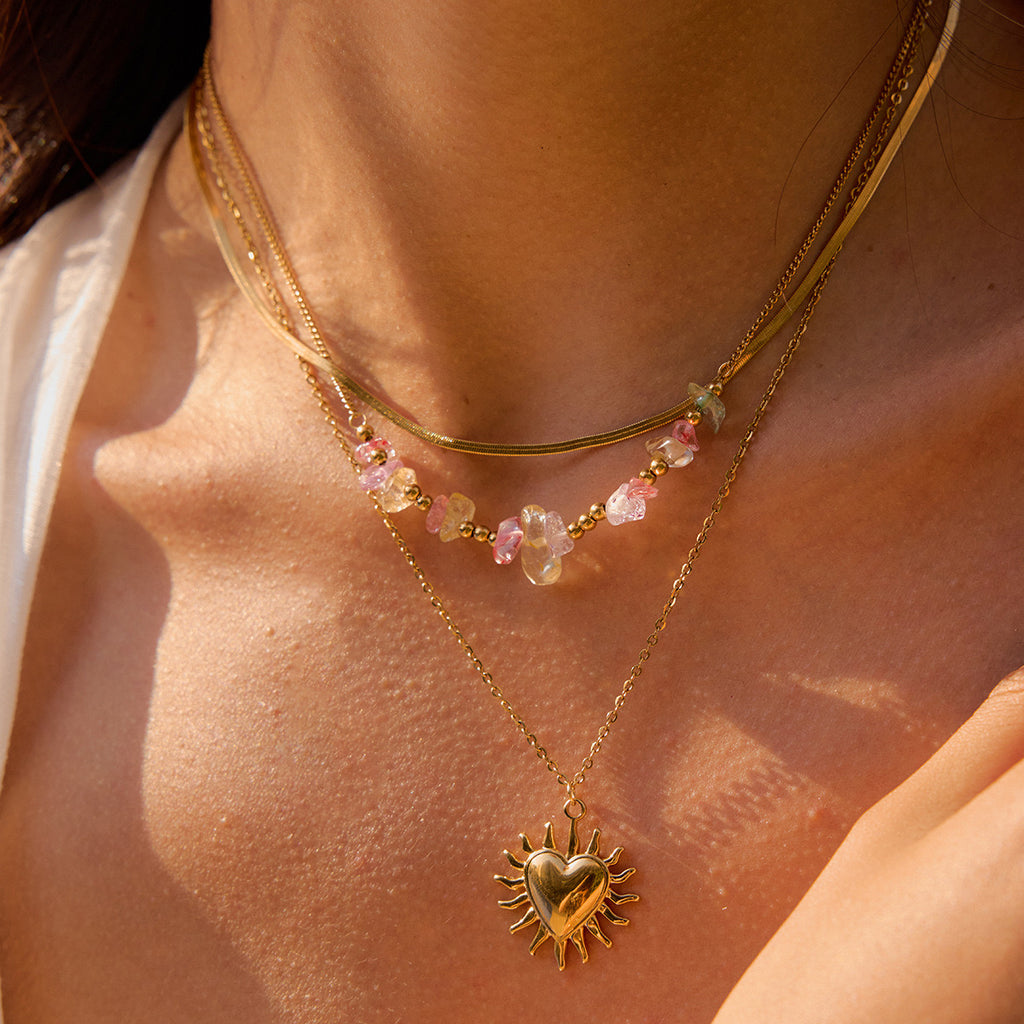 18K Gold Heart Pendant Gemstone Beaded Herringbone Snake Chain Layered Necklace Set