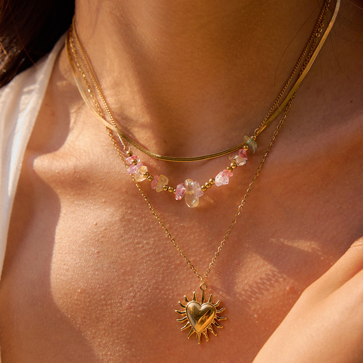 18K Gold Heart Pendant Gemstone Beaded Herringbone Snake Chain Layered Necklace Set