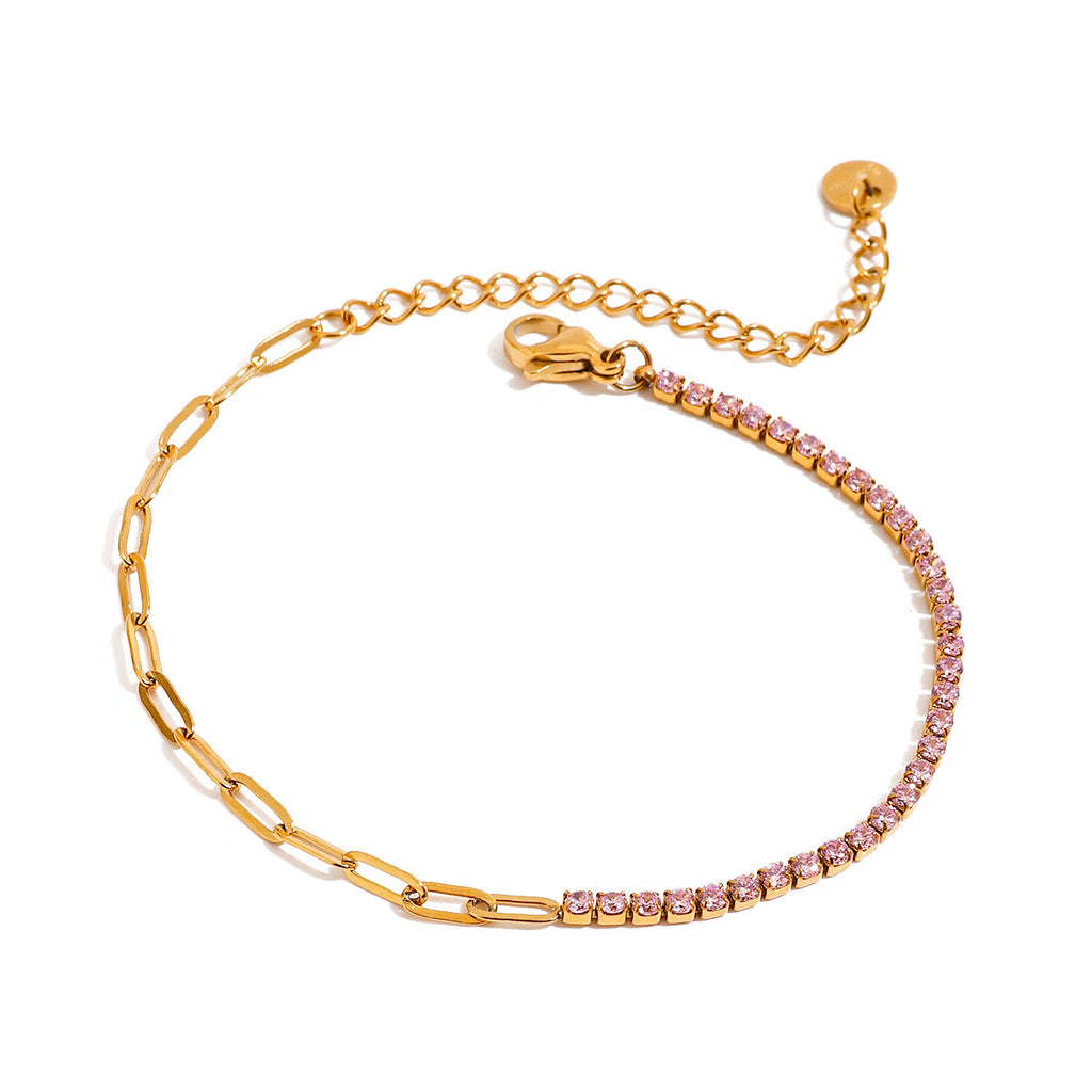 18K Gold Pink Jewel Paperclip Chain Dainty Tennis Bracelet