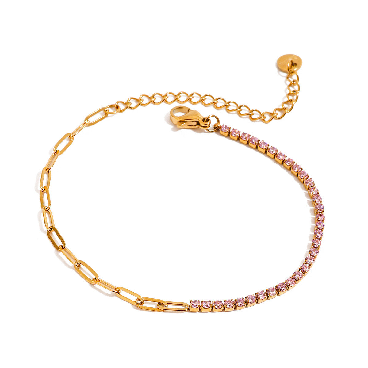 18K Gold Pink Jewel Paperclip Chain Dainty Tennis Bracelet