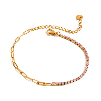 18K Gold Pink Jewel Paperclip Chain Dainty Tennis Bracelet
