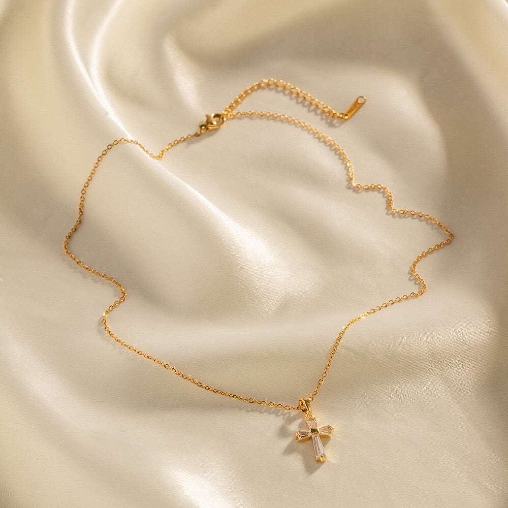 18K Gold Minimalist Crystal Cross Necklace