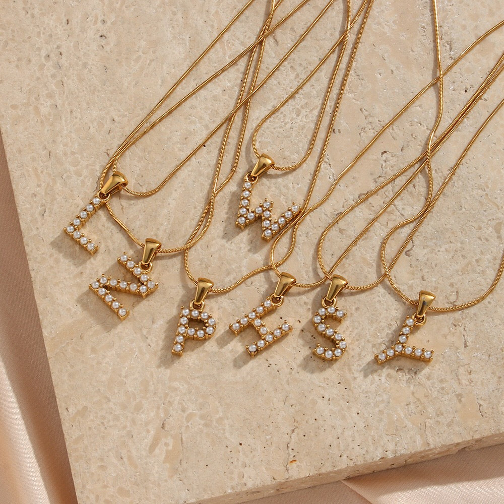 18K Gold Pearl Initial Pendant Necklace
