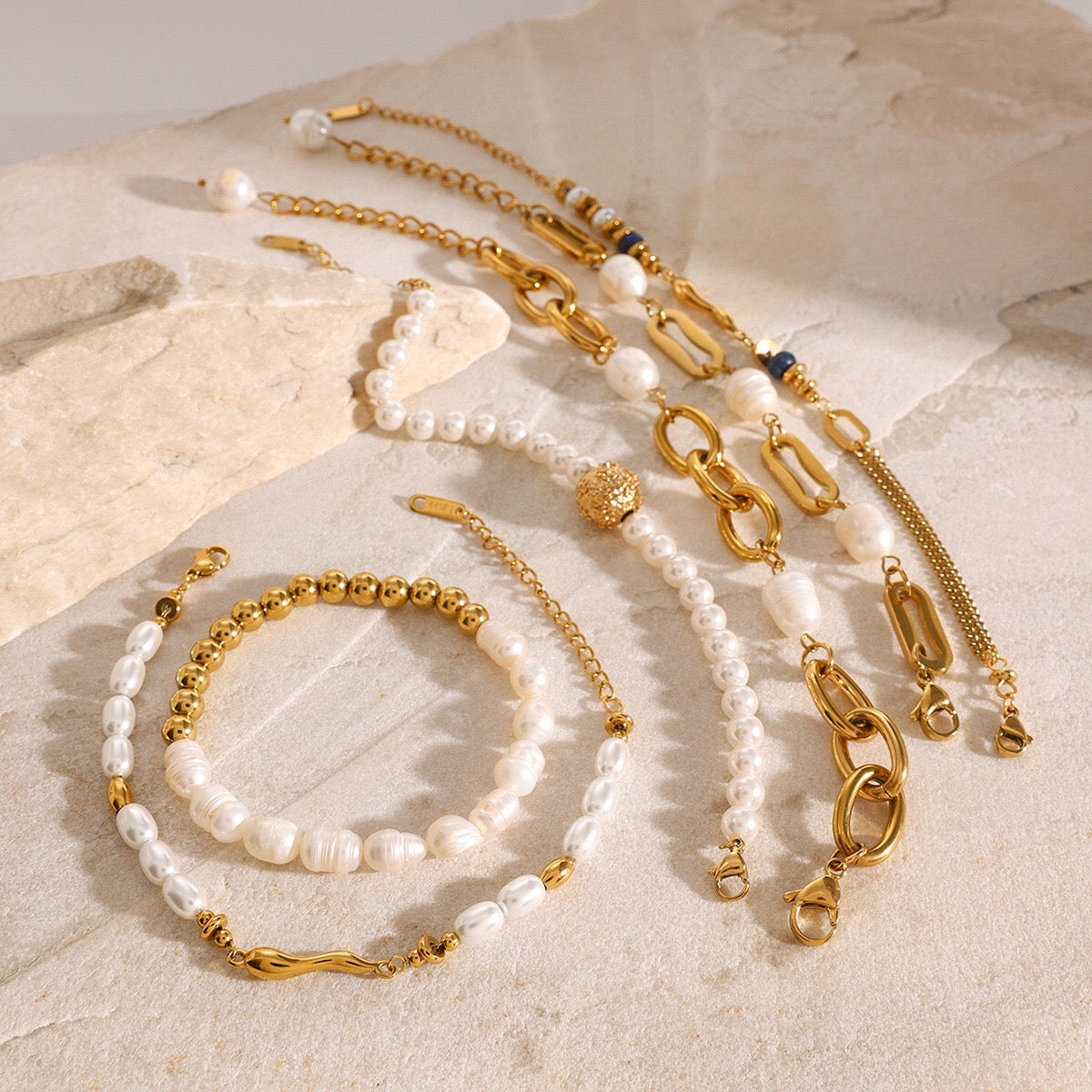 18K Gold Elegant Harmony Pearl Paperclip Chain Bracelet Stack