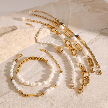 18K Gold Elegant Harmony Pearl Paperclip Chain Bracelet Stack