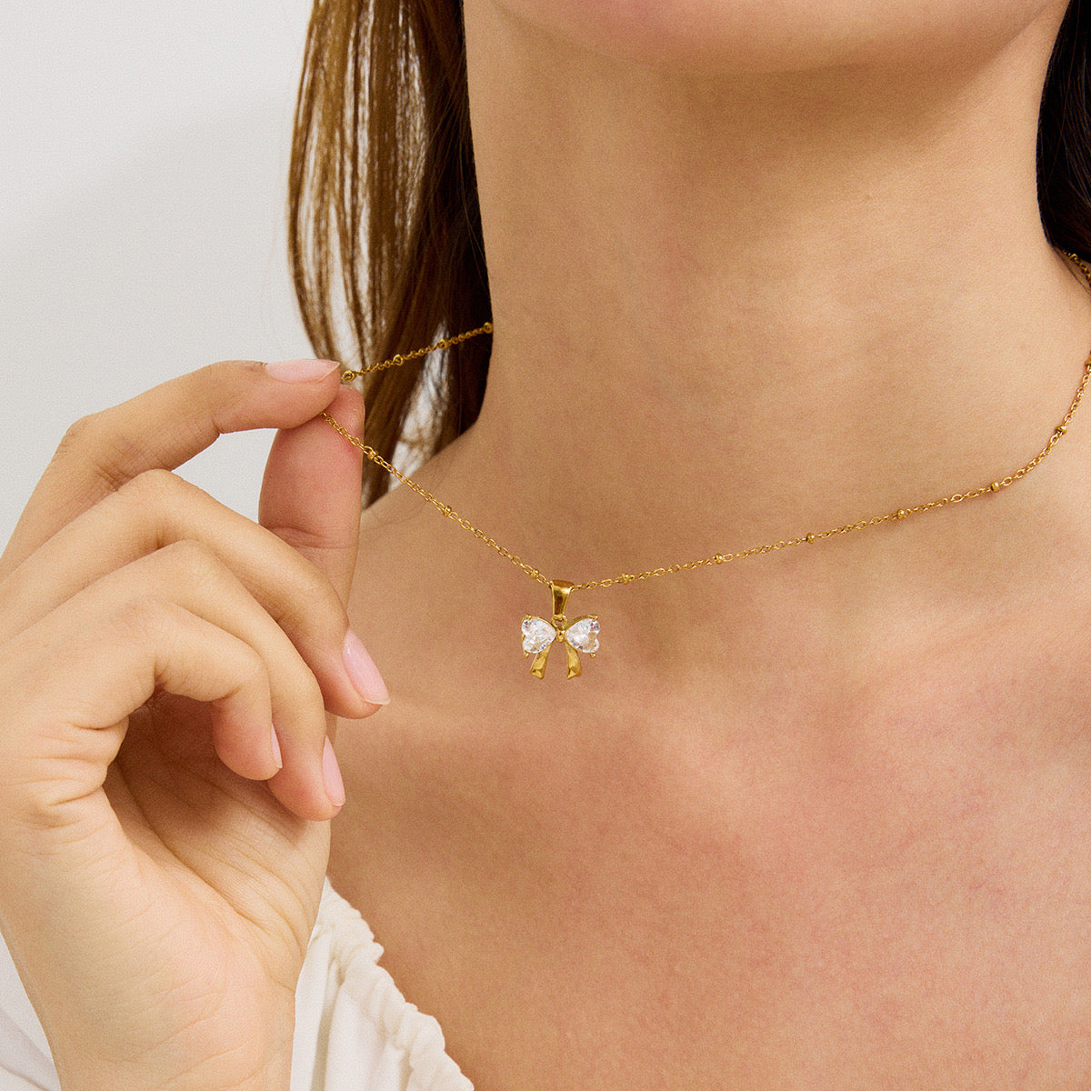18K Gold Bling Coquette Bow Pendant CZ Necklace